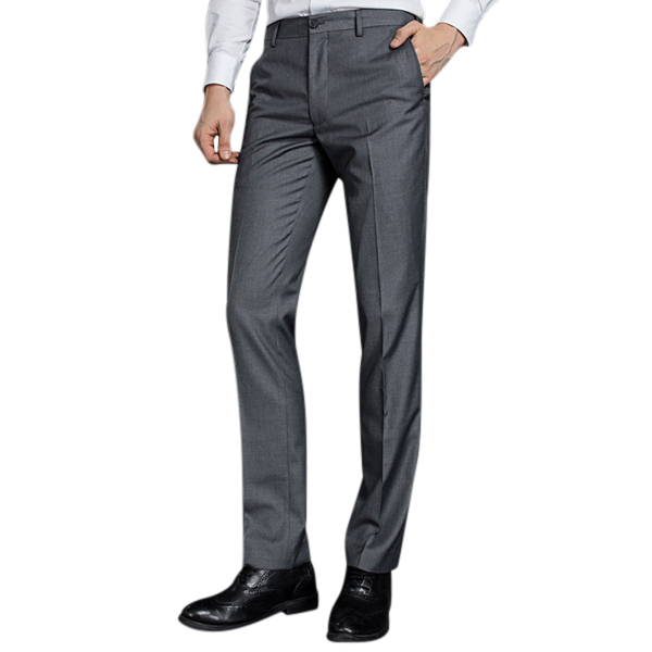 Mens Business Casual Straight Leg Dress Pants Slim-fit Wash-and-wear Pure Color Trousers