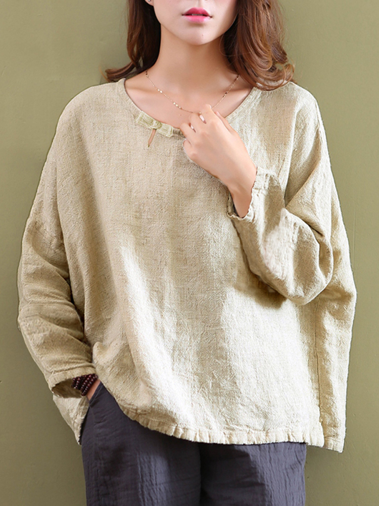 S-5XL Casual Women Pure Color Cotton Blouses