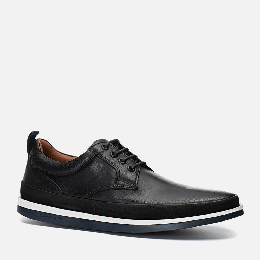 Sapato Casual Derby com Amarração Feito em Couro Nobuk com Solado Bicolor em Borracha Natural Palmilha Anatômica Masculino Milano Preto/Preto 10878